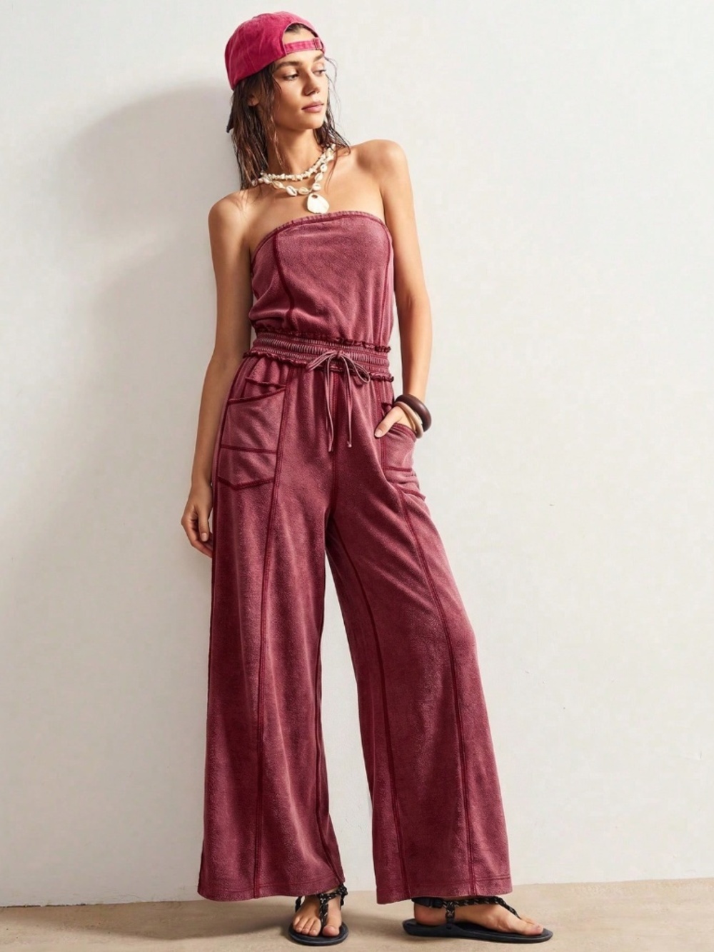 Strapless Burgundy Boho Wide Leg Jumpsuit with Pockets - Picture 5 of 8